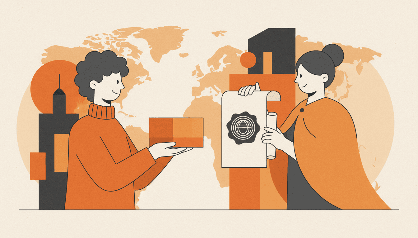 Illustration of a skincare brand founder handing goods to an importer of record partner.