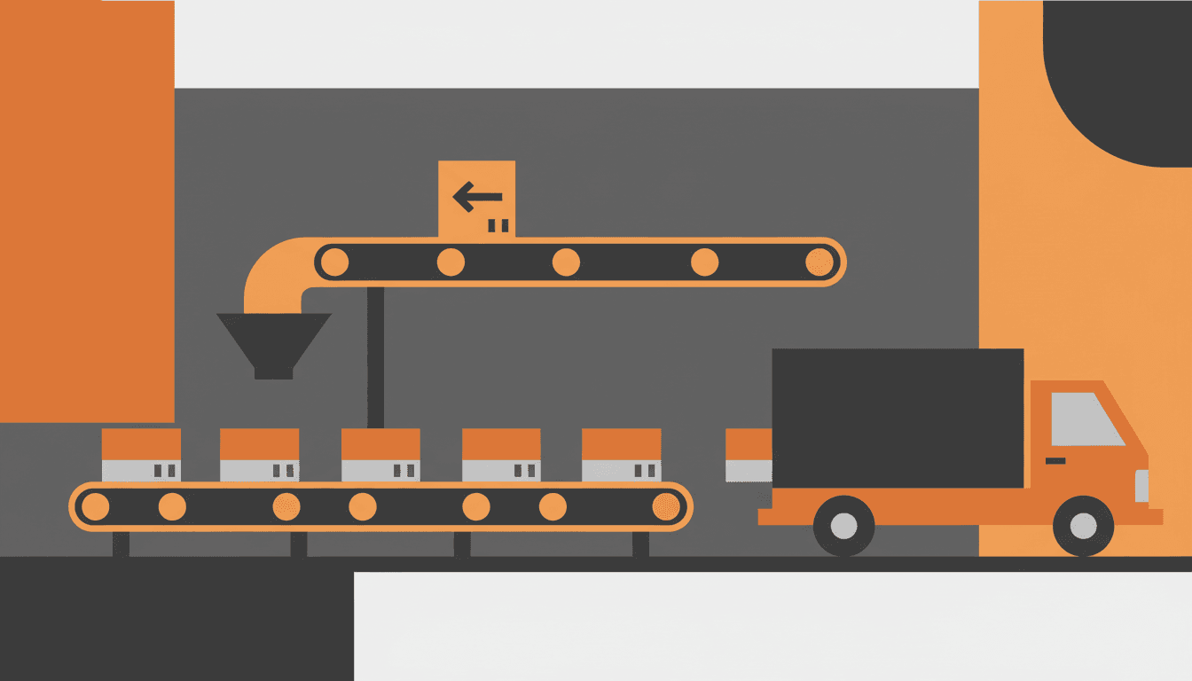 倉庫のコンベアがスキンケアの箱を運び、別レーンで返品が流れているイラスト。