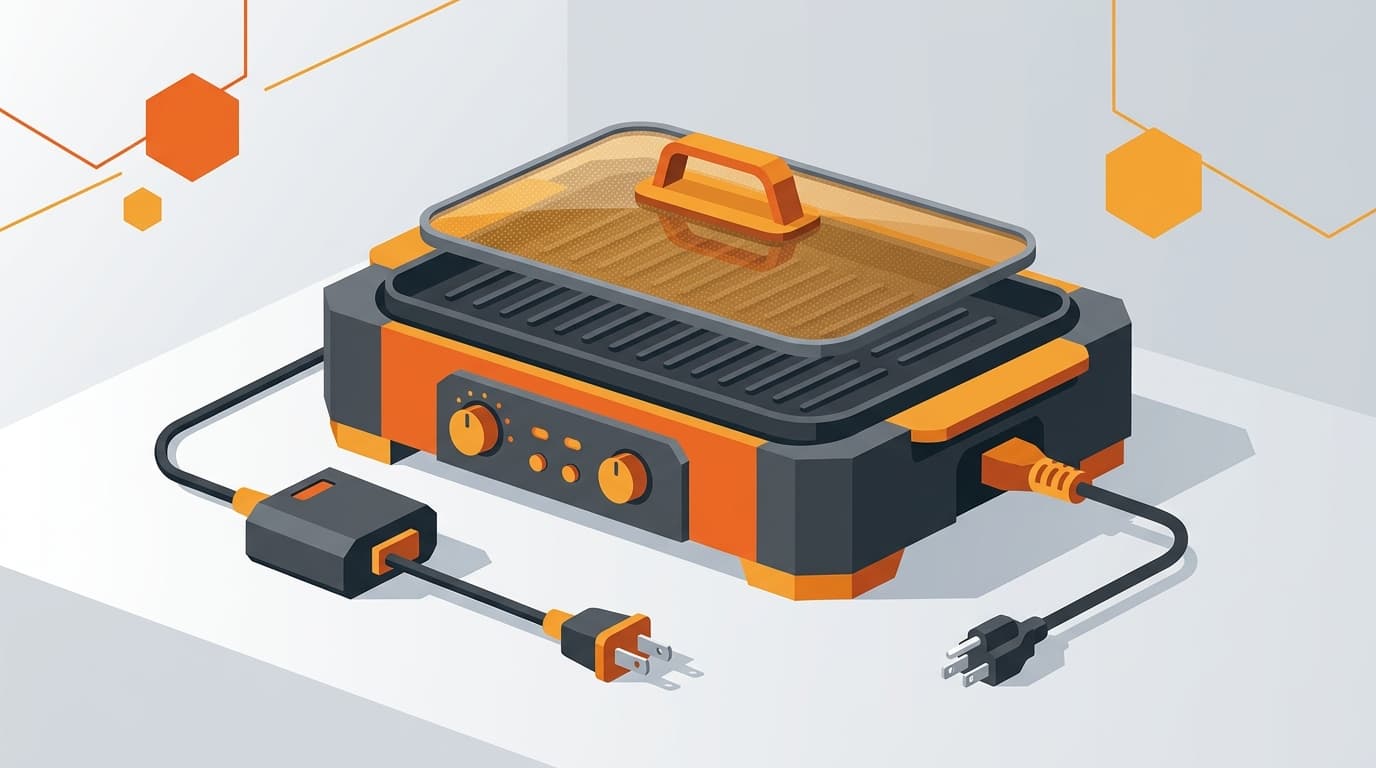 A cooking grill shown with both an integrated cord and a separate detachable adapter