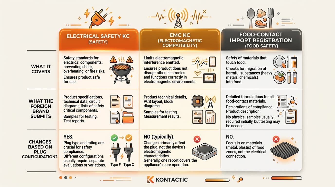 Comparison table showing the three Korean certification regimes that apply to a cooking grill