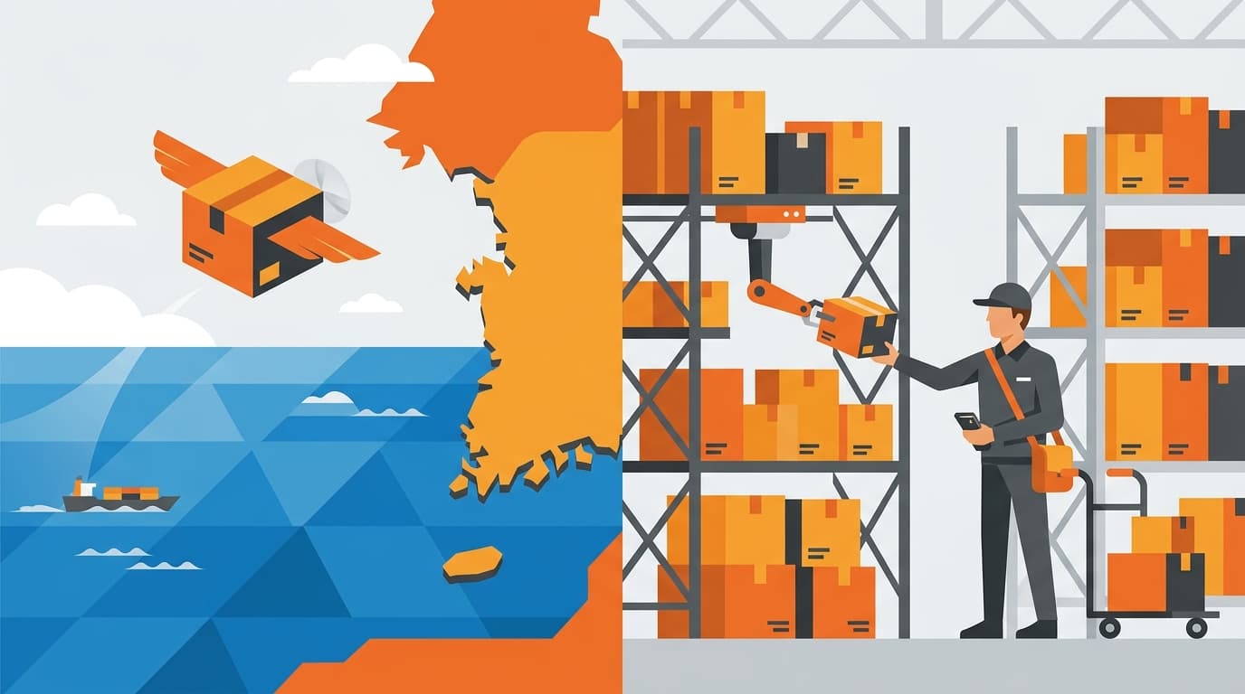 Illustration contrasting cross-border shipping with local Korean warehouse fulfillment