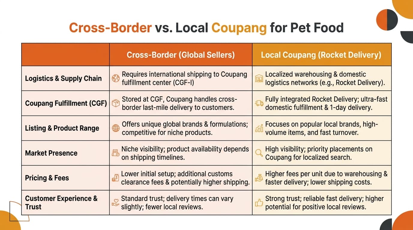Comparison of cross-border vs. local Coupang operating model for pet food
