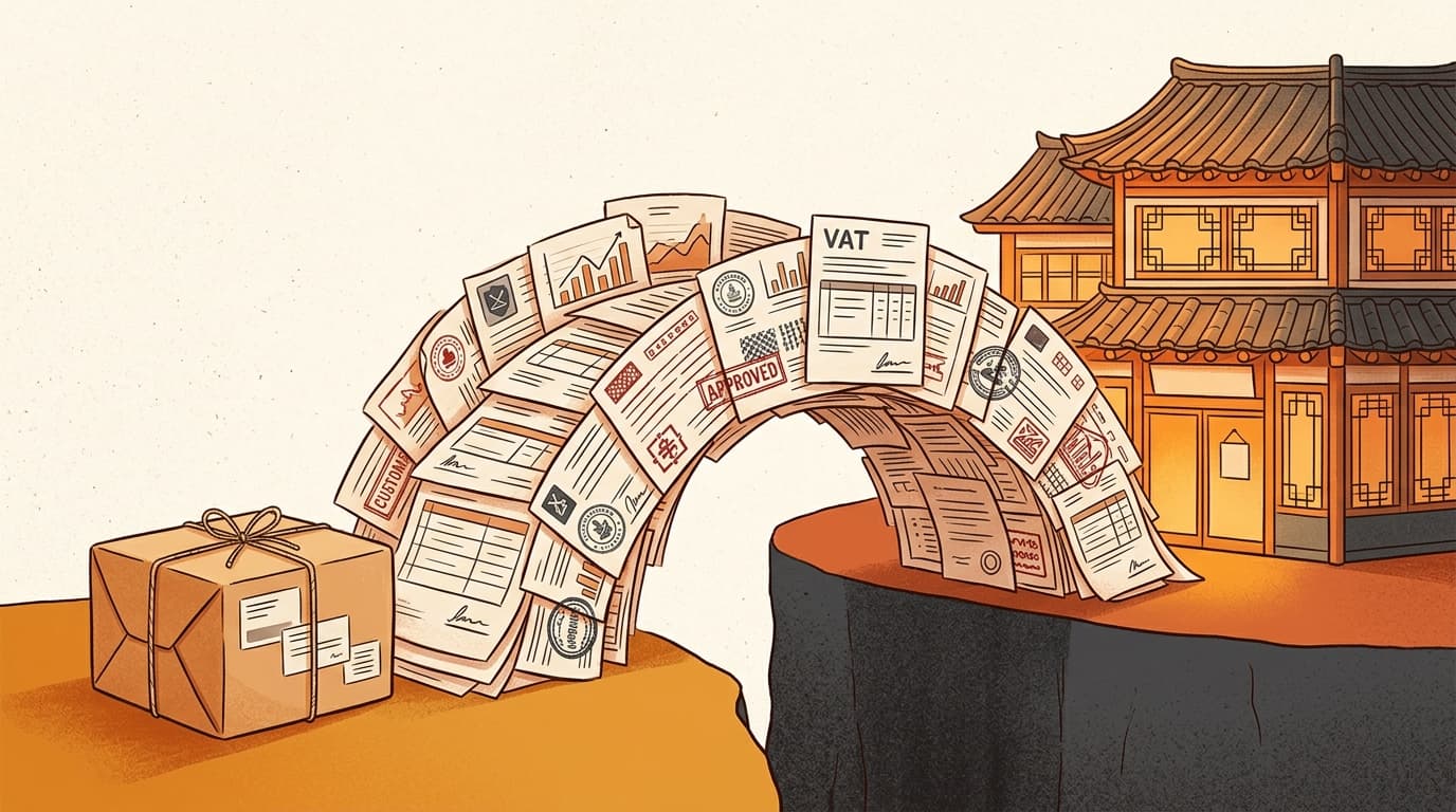 Illustration of a Western brand parcel and a Korean storefront connected by a bridge made of customs and VAT paperwork