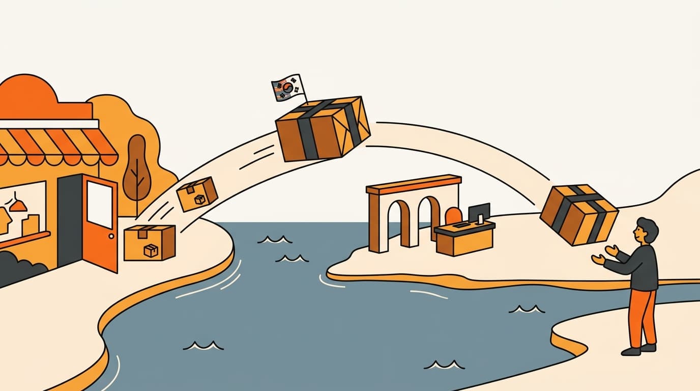 Illustration of a Shopify parcel crossing the ocean to a Korean customs checkpoint and reaching a consumer