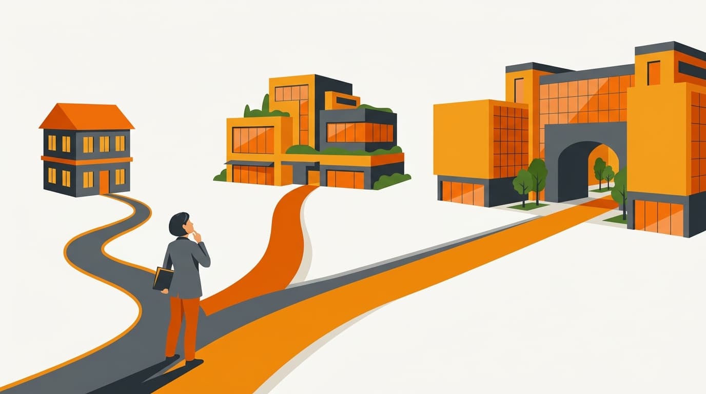 Illustration of a decision fork with three paths leading to different building sizes representing partner-IoR, managed entity, and own-team models