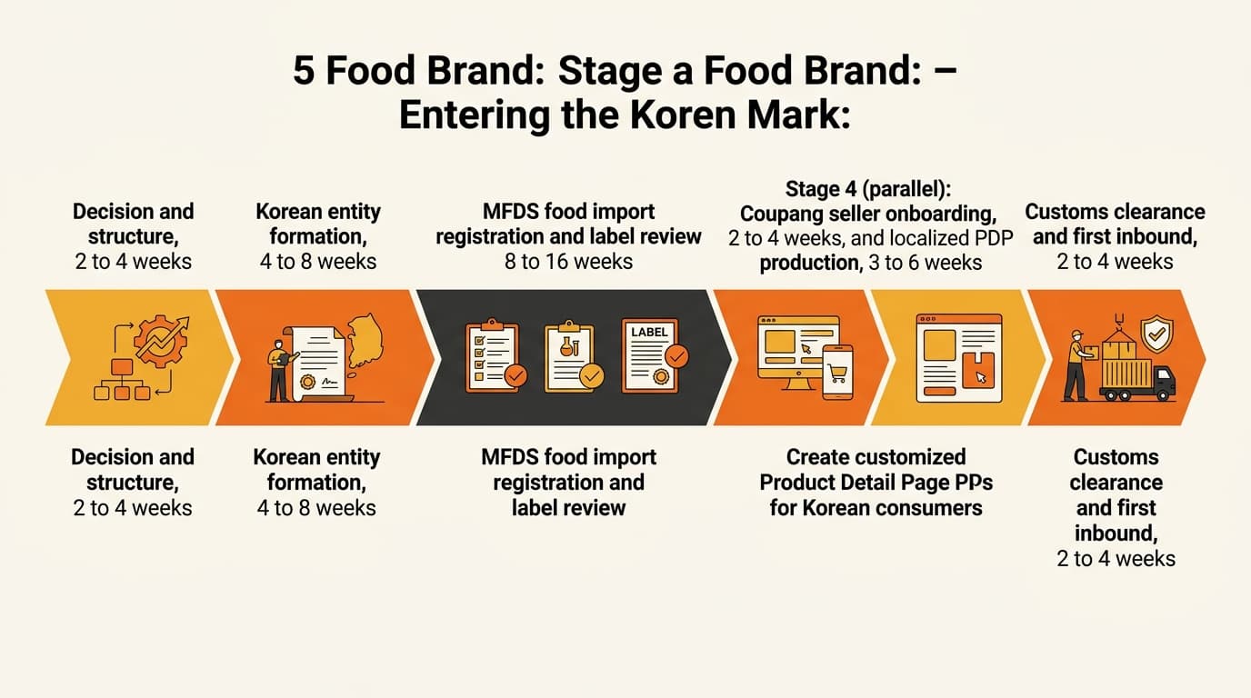 韓国参入の5つの連続ステージと週単位の範囲を示す横向きのタイムライン