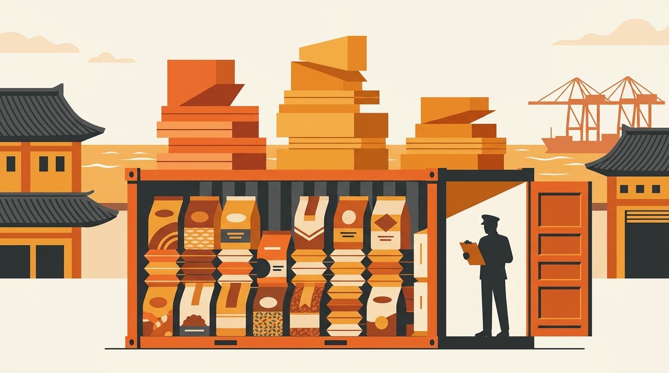 一托盘宠物食品抵达韩国港口,上方叠加着关税与增值税层级的示意图