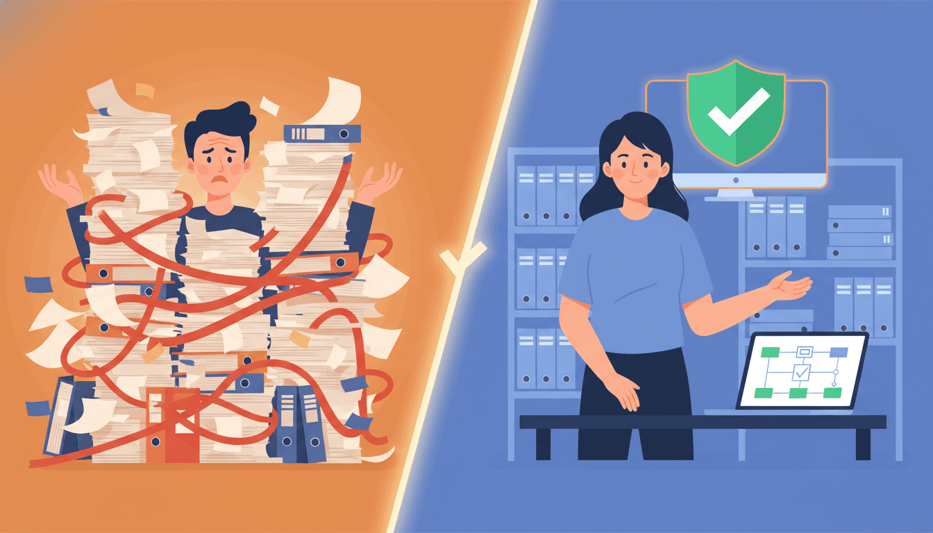 A compliance manager checking translated labels, certification files, and customs forms on a desk before shipment