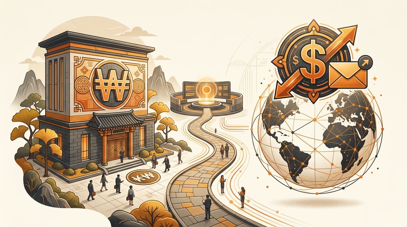 Split scene of a Korean bank with KRW currency motifs and an international wire transfer with USD motif