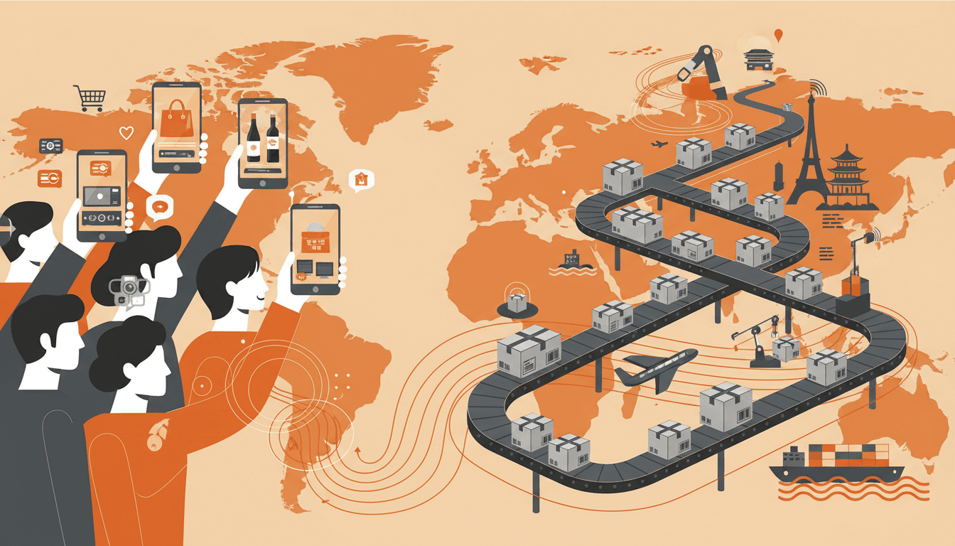 Korean consumers buying imported products on mobile while parcels move through an international shipping journey