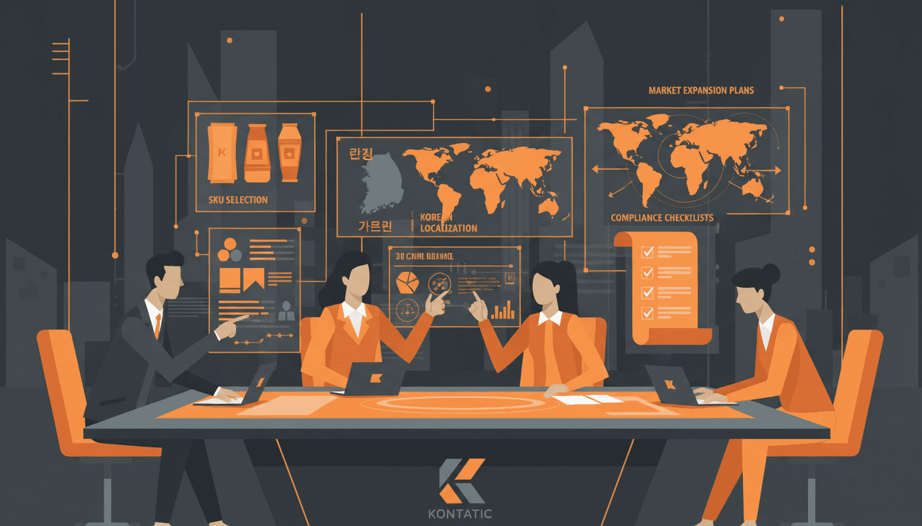 A team reviewing SKU choices, Korean localization, compliance requirements, and market entry plans for imported products