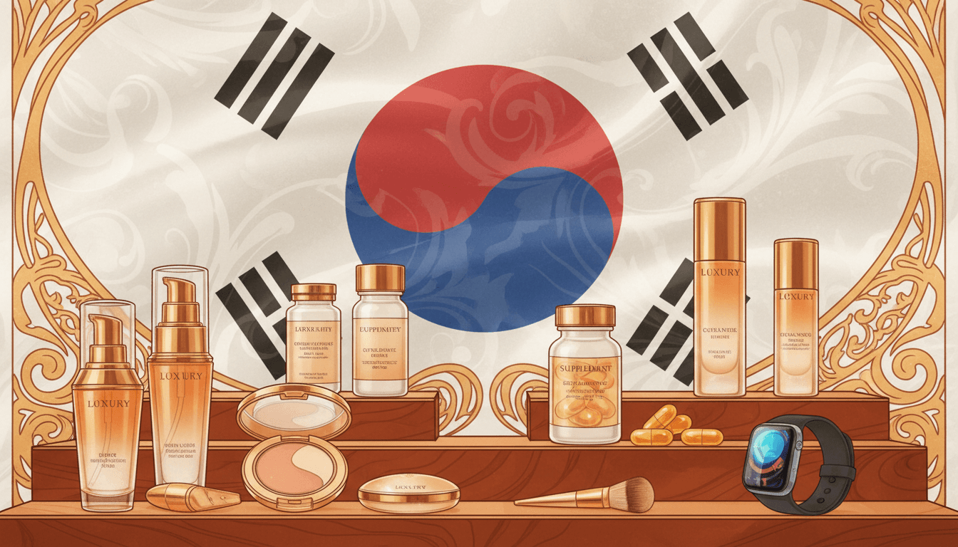 Shelves of imported supplements, skincare, and specialty snacks displayed in a modern Korean retail environment