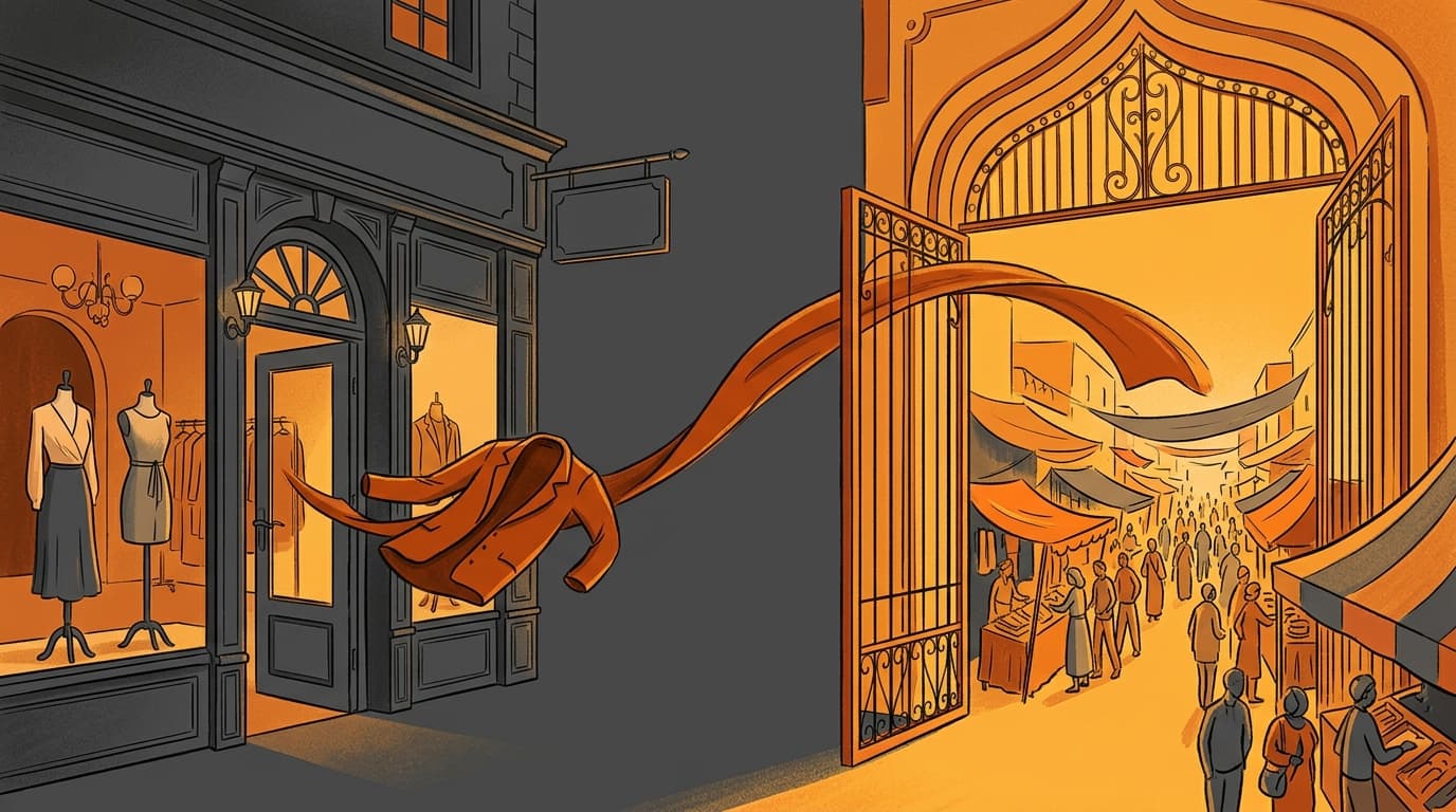A curated boutique and a large marketplace gateway connected by a single garment crossing between them