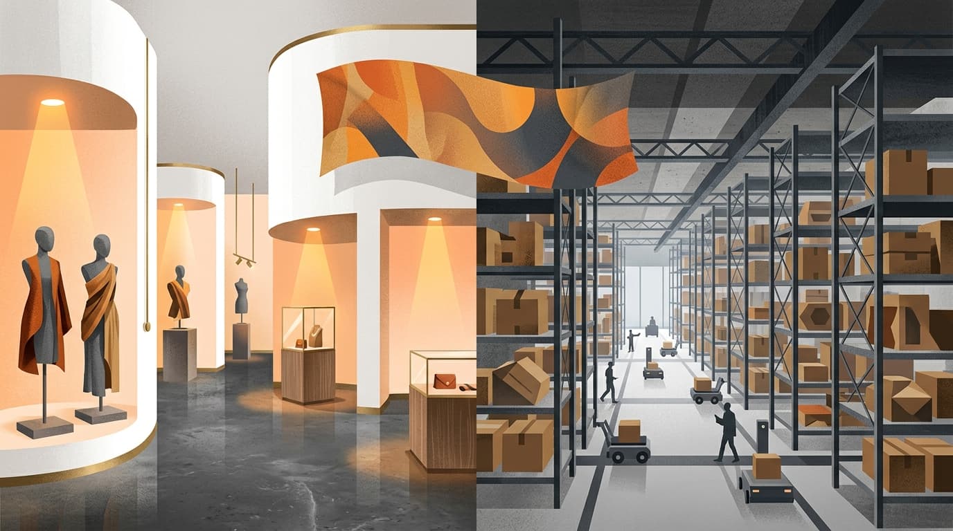 Two stylized platform environments — a curated fashion gallery and a high-volume marketplace hall — with a brand banner suspended between them