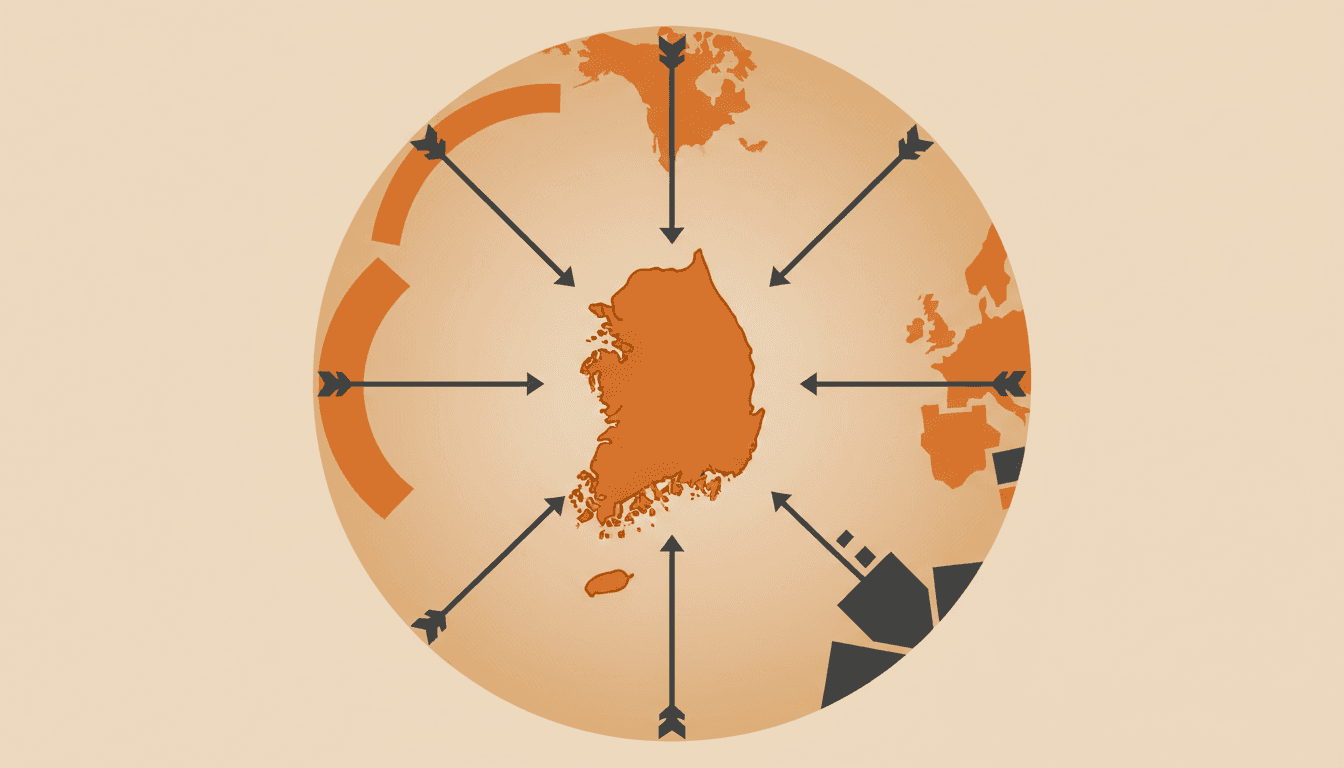 多个全球地区的箭头汇聚到韩国地图上的示意图