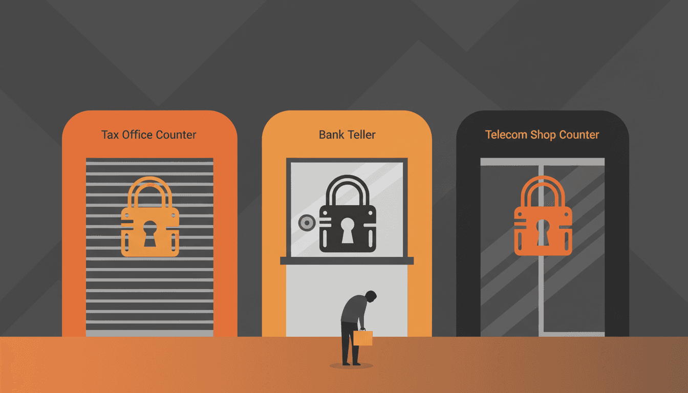 代表税务局、银行和电信运营商柜台的三扇紧闭的机构大门示意图