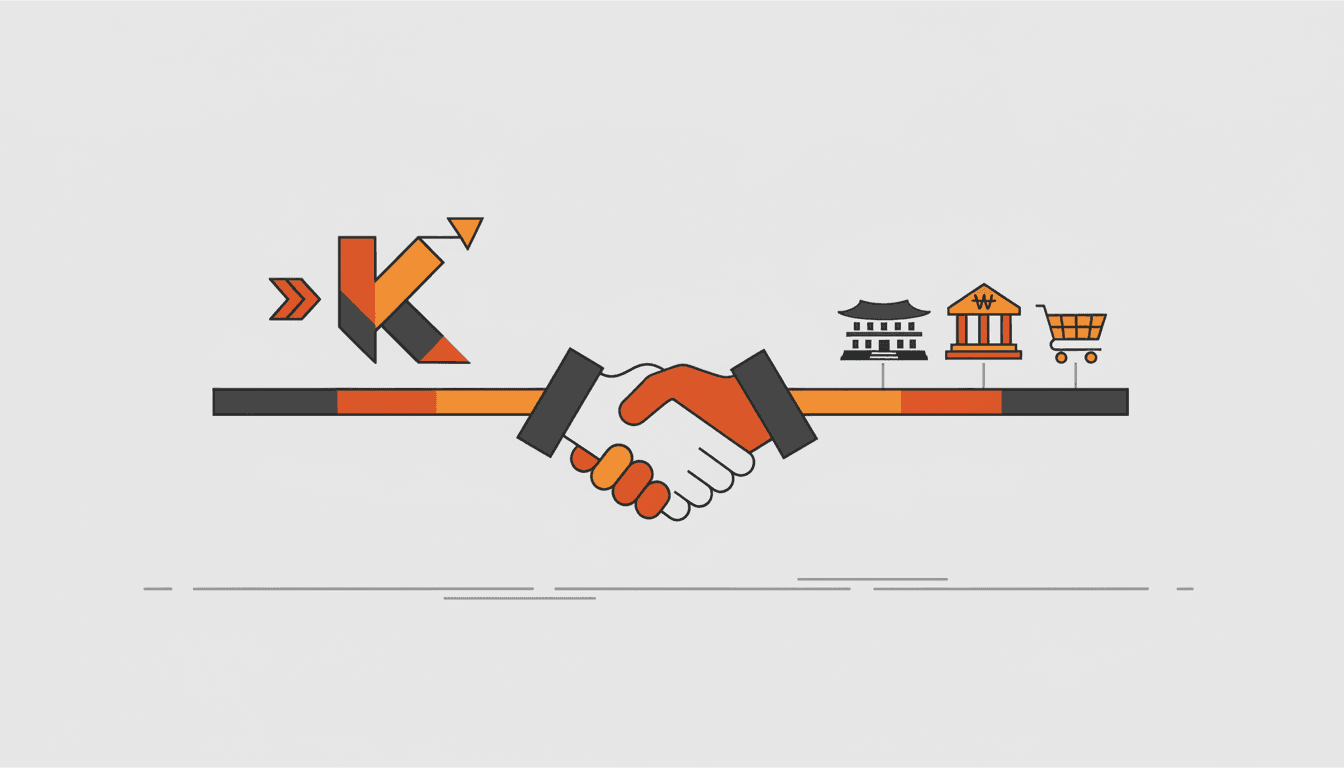 一座桥通过可信中间人把外国品牌图标与韩国各机构图标连接起来的示意图