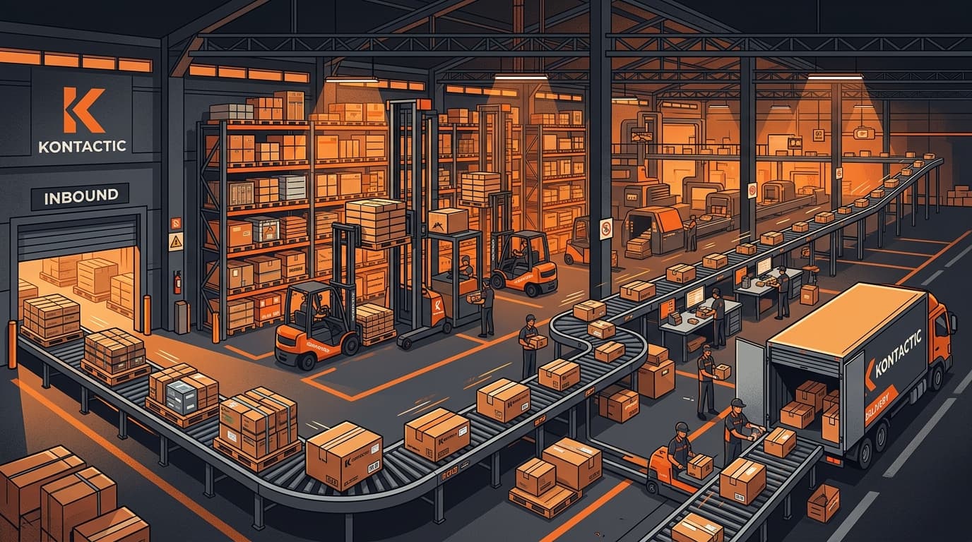 Stylized Korean fulfillment warehouse with inbound pallets and outbound parcels