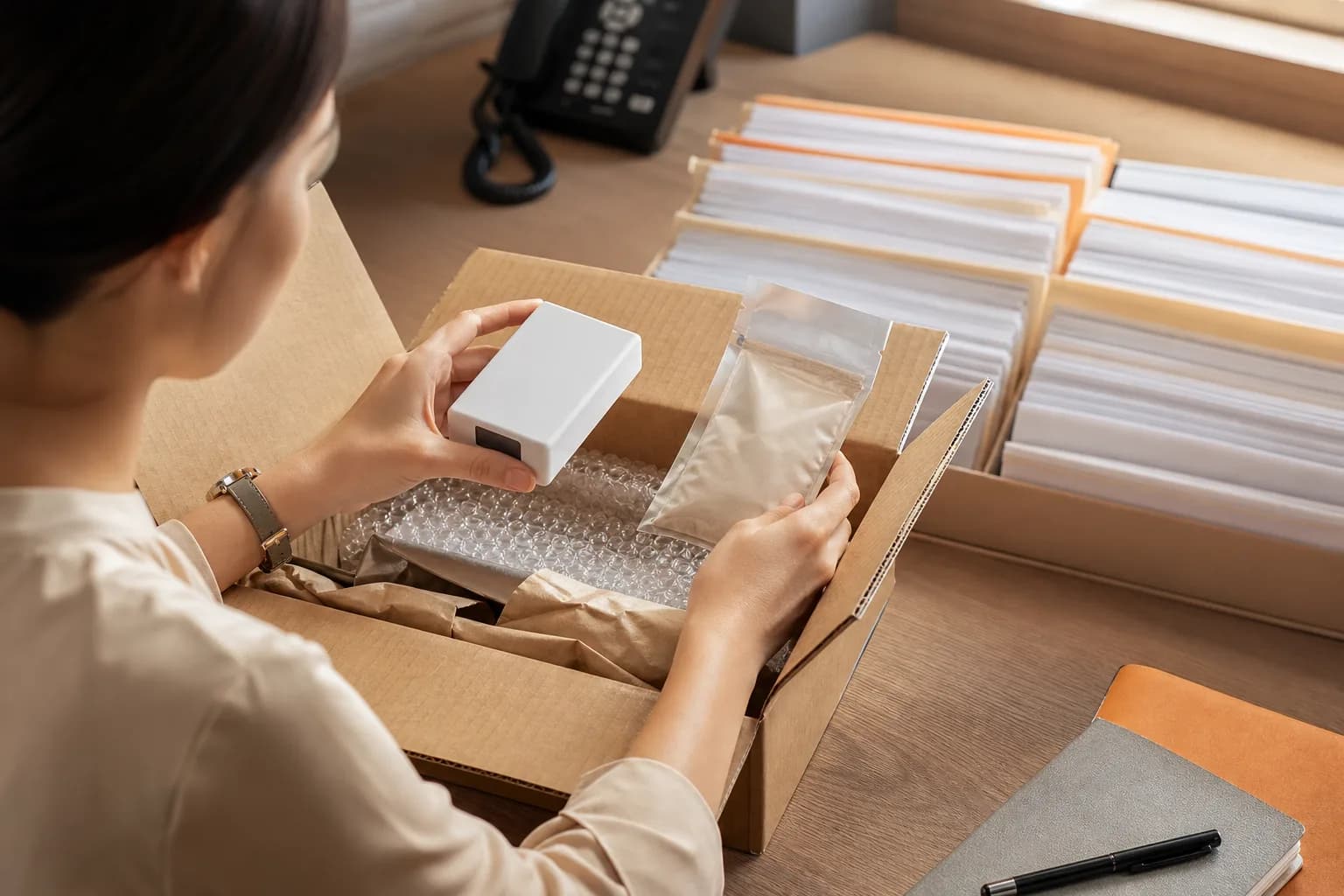 A compliance specialist in Seoul receiving a product sample and filing regulator correspondence