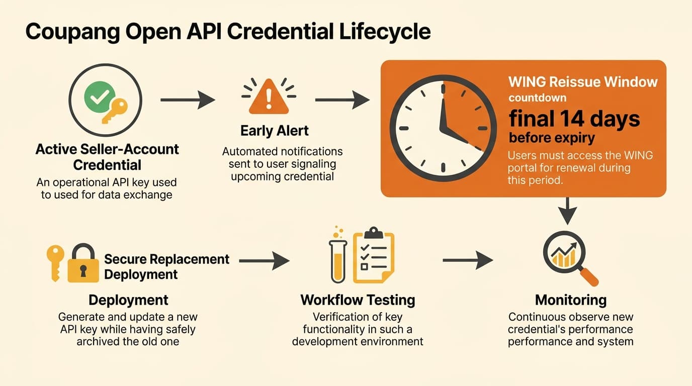 WINGの再発行可能期間を示すCoupang Open API認証情報の再発行タイムライン
