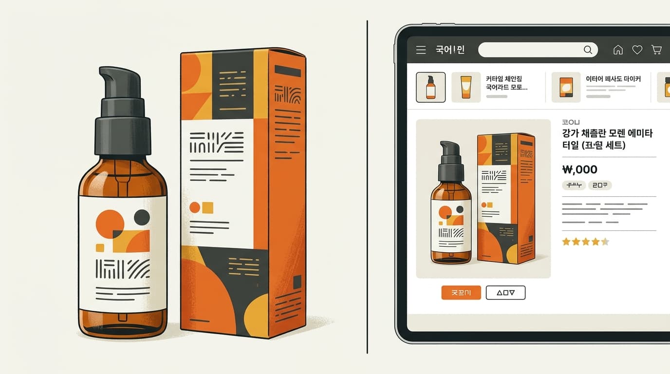 Cosmetic bottle and retail box beside a Korean online marketplace page
