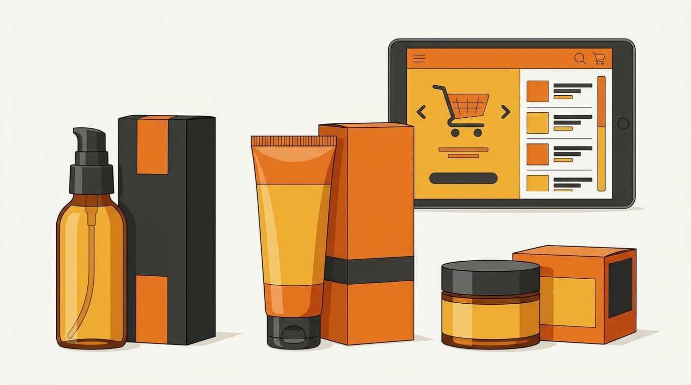 Primary cosmetic containers beside secondary retail cartons