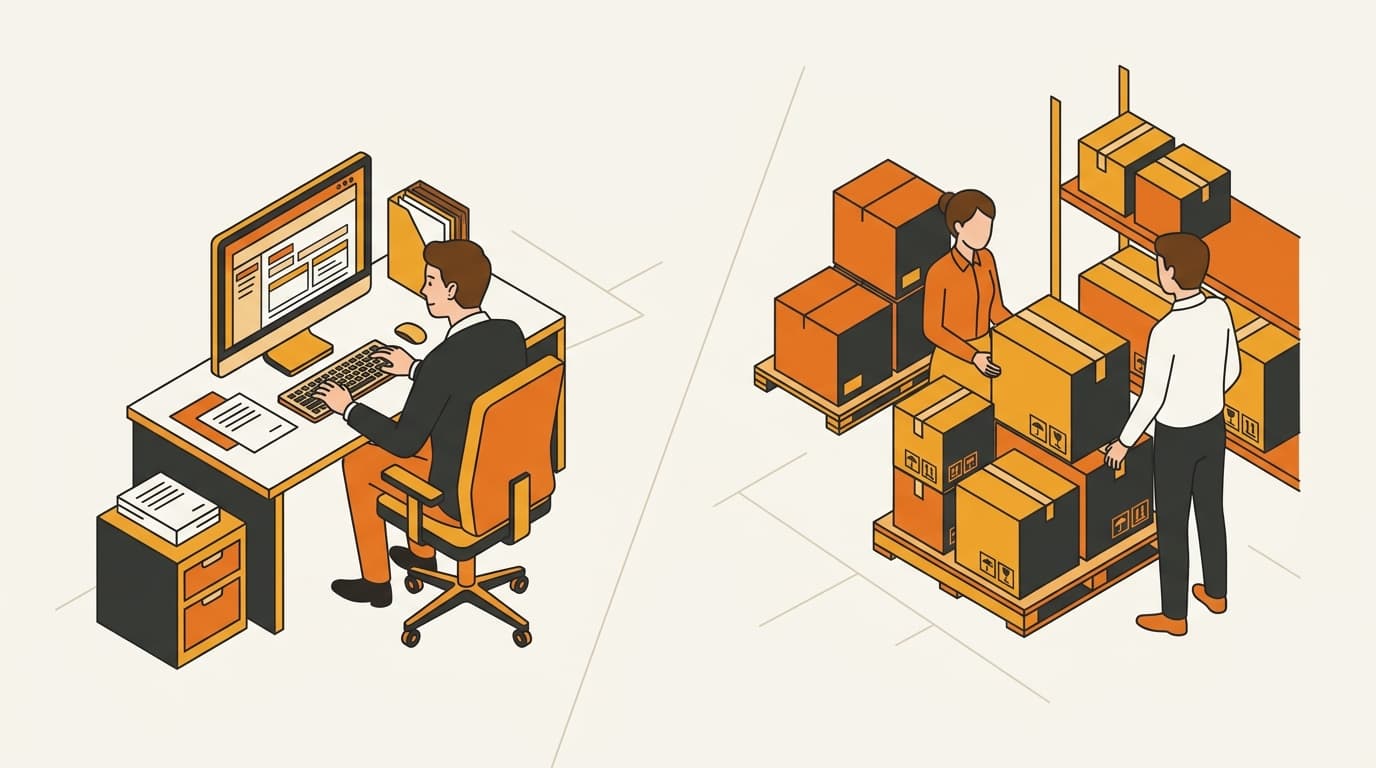 Customs broker filing a declaration while a separate importer oversees the shipment