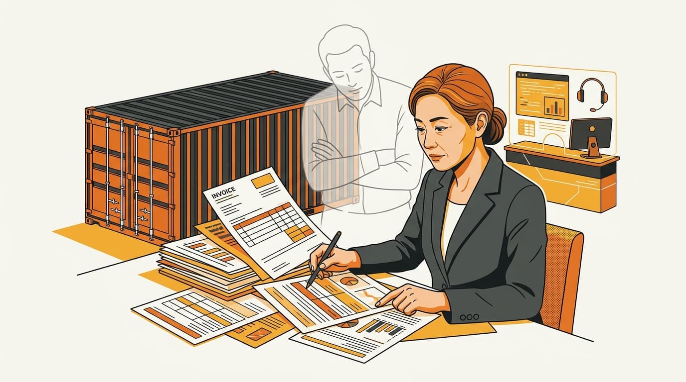 Customs broker reviewing import documents beside a Korean port