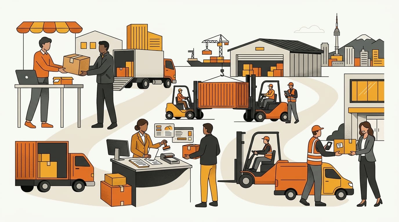 Korean import roles connected across a shipment and warehouse