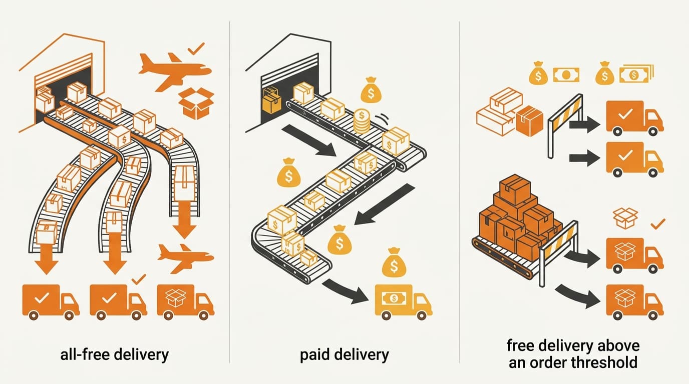 Three visual shipping setups for free, paid, and conditional-free Coupang delivery