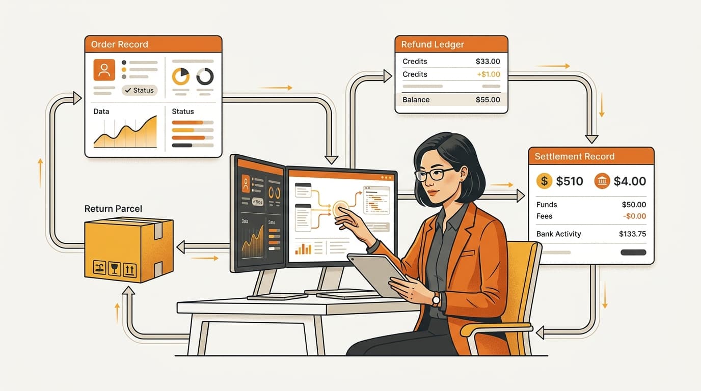 An operator reconciling an order, return, refund, and settlement record