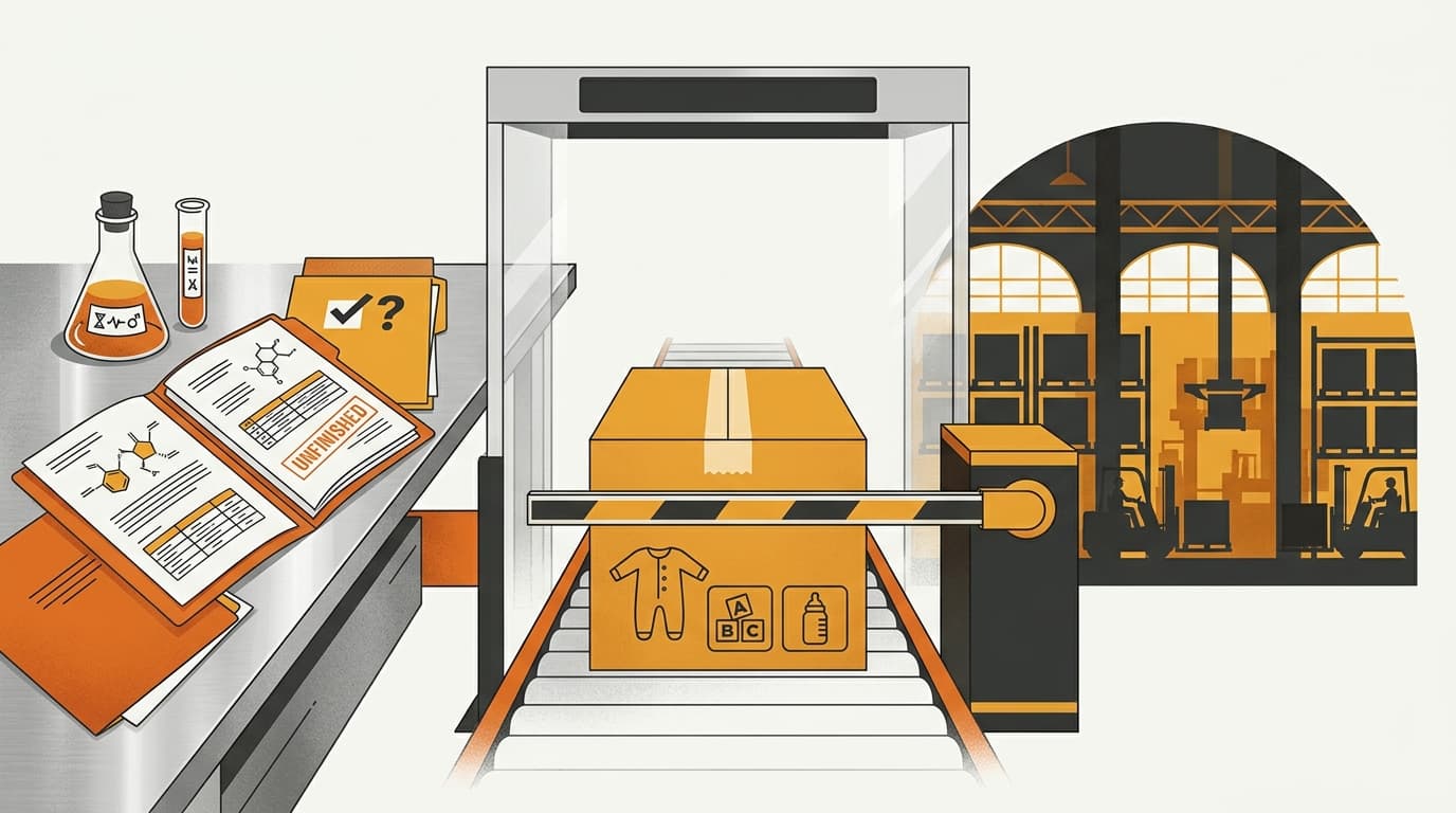A sealed children's product shipment paused at a safety launch gate