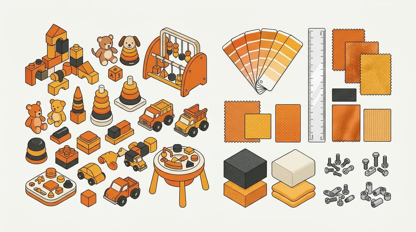 Color swatches, a ruler, and children's product materials beside a product sample