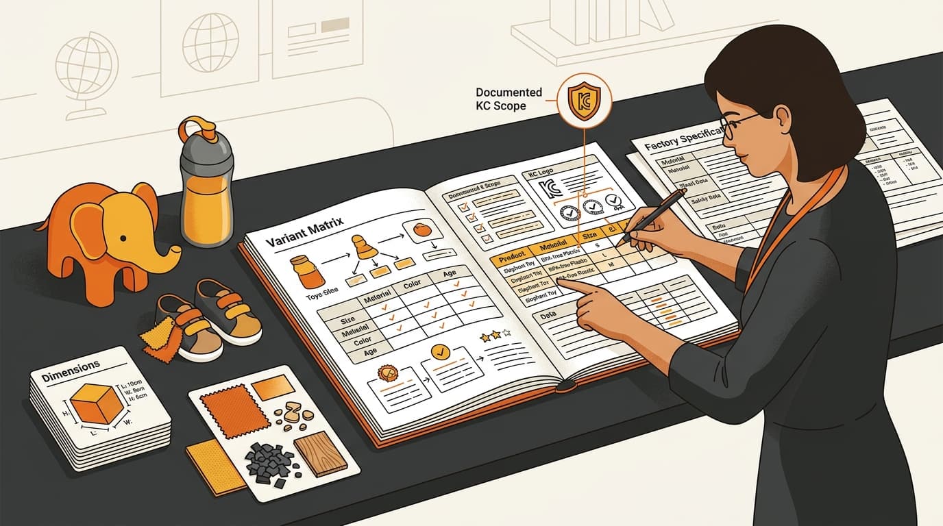 A compliance review desk organizing children's product variants by model, size, color, and materials
