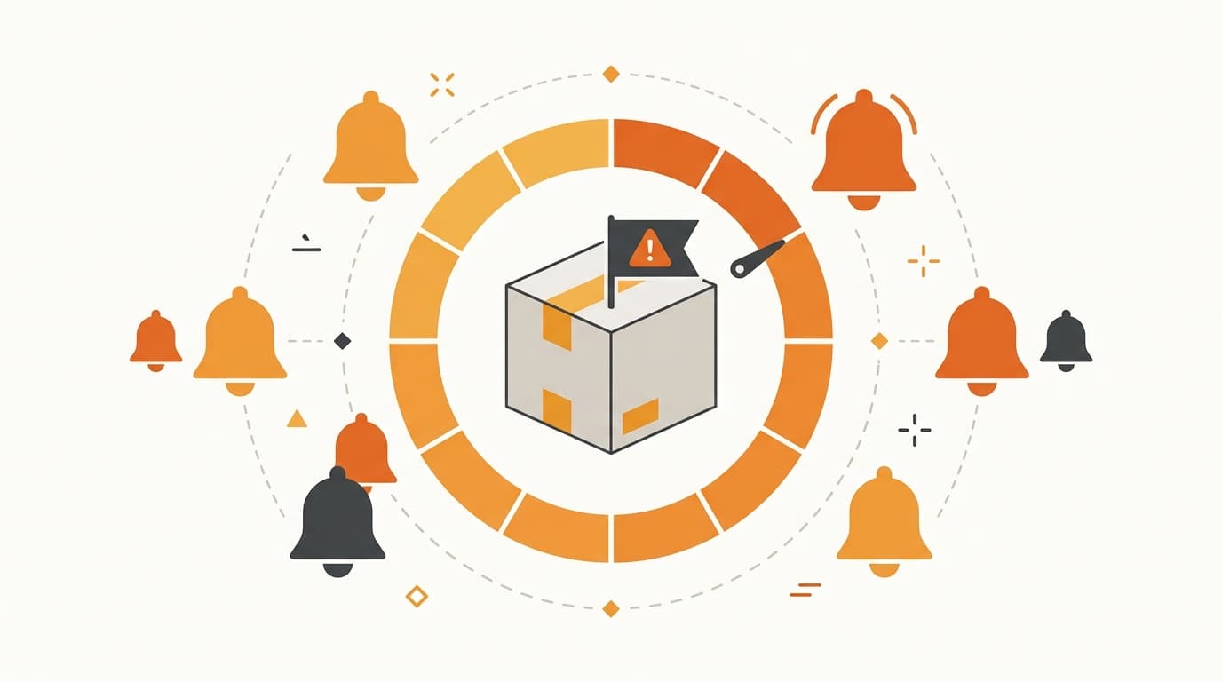 A flagged carton inside a countdown timer arc with reminder-bell motifs around it