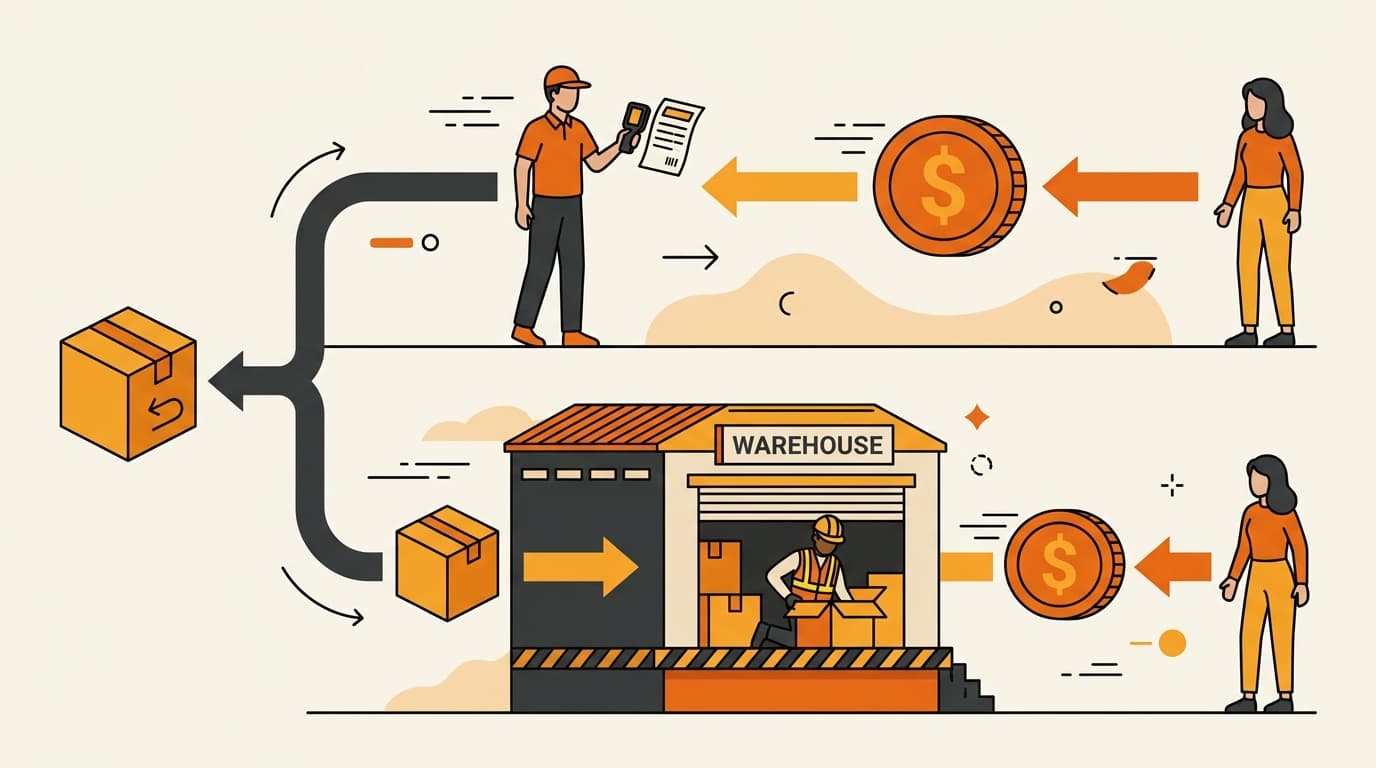 Two diverging Coupang return paths: fast refund at courier scan versus refund after warehouse inbound confirmation