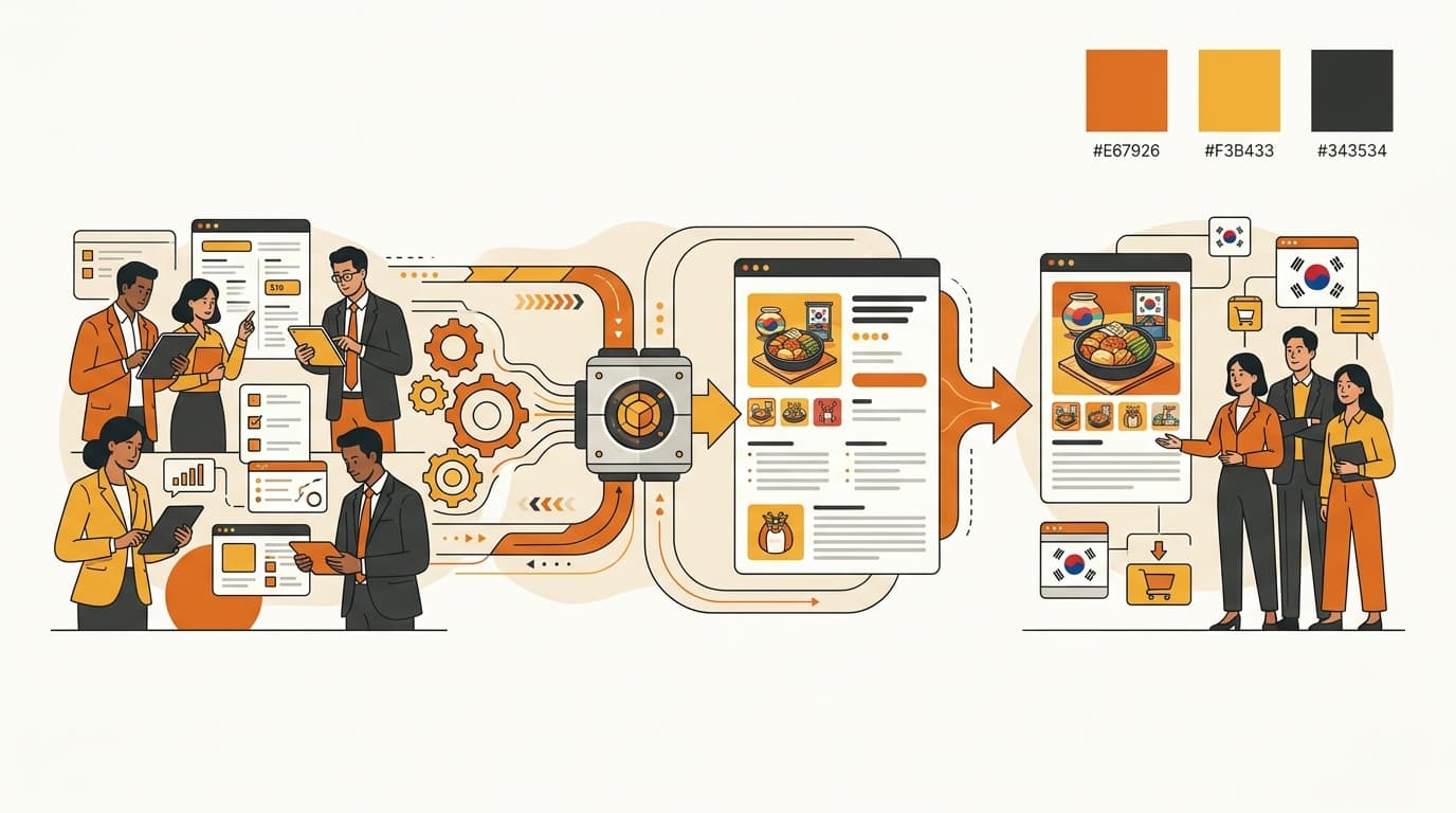 A structured product-information workflow moving from completion to export