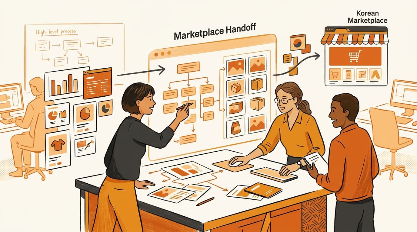 A brand operations team reviewing a structured Korean marketplace handoff