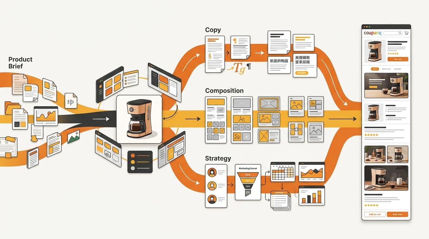 Editable Korean ecommerce plan flowing into a structured Coupang image set