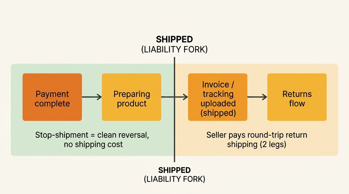 Process-flow diagram of a Coupang order moving from payment complete and preparing product into invoice uploaded and returns flow, with the liability fork marked