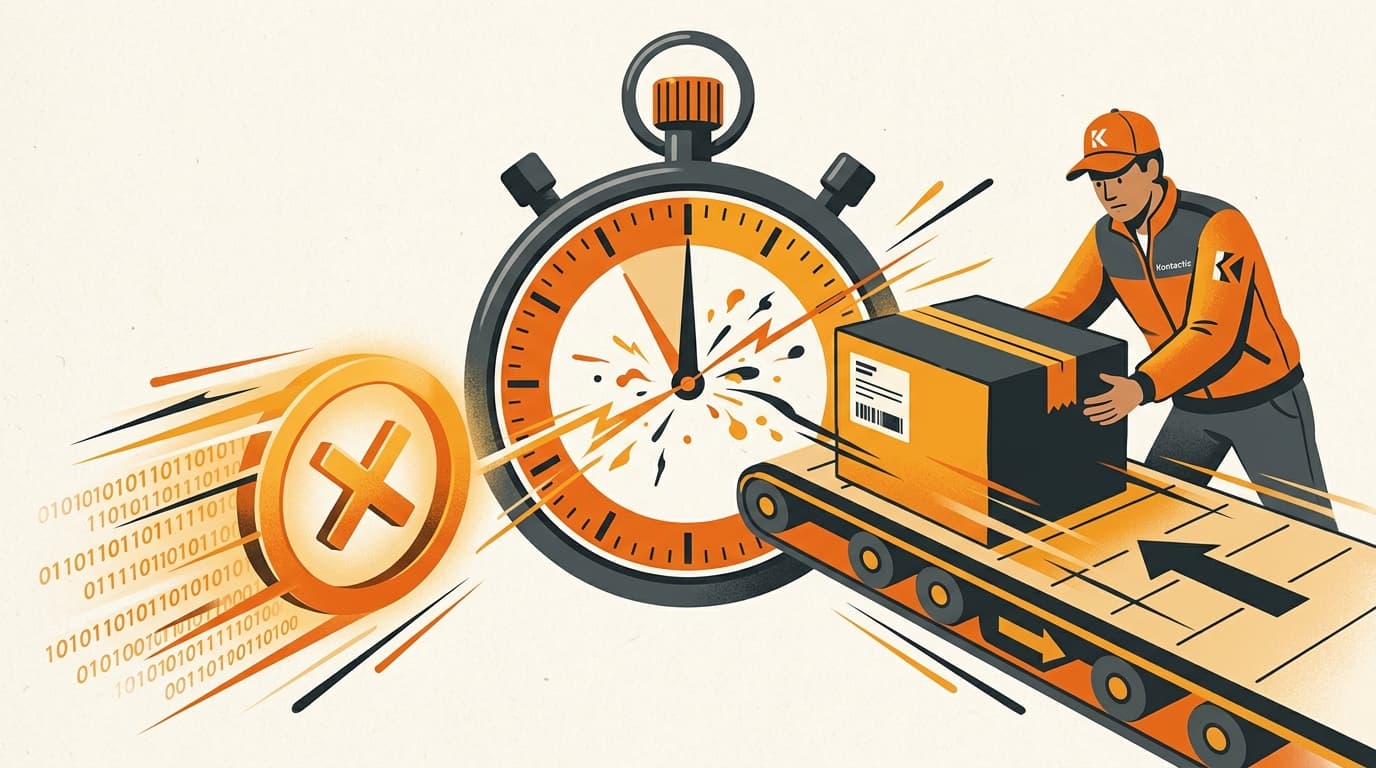 Illustration of a stopwatch between an incoming cancellation notification and a warehouse worker dispatching a parcel