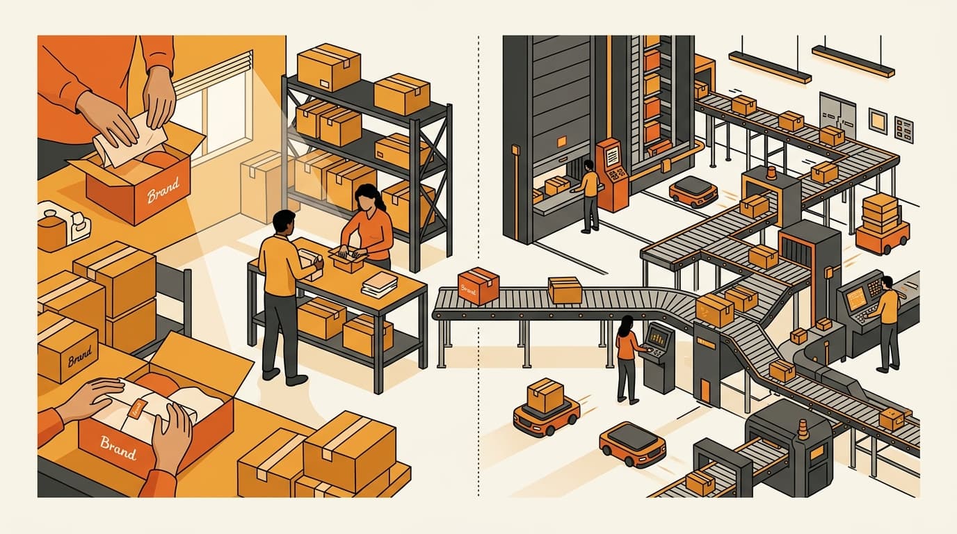 Illustration contrasting a small brand-operated warehouse with a large third-party fulfillment center, showing where physical control of dispatch shifts