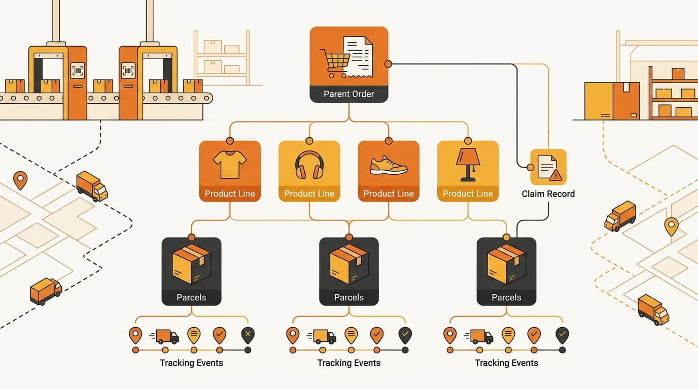 Parent order linked to item lines parcels delivery events and claims