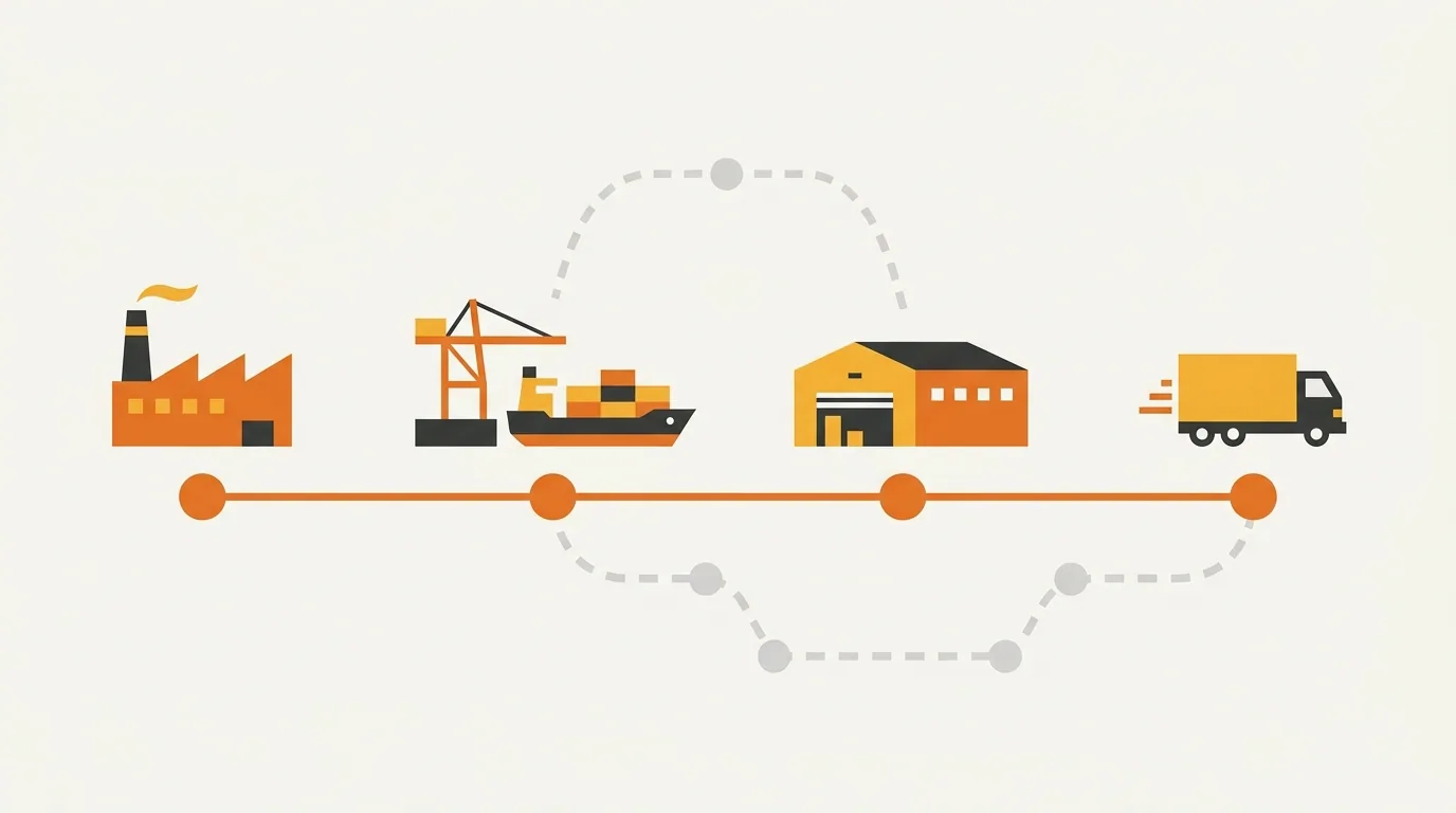 Supply chain diagram showing a single continuous orange path from Chinese factory through port to Korean fulfillment center to delivery truck.