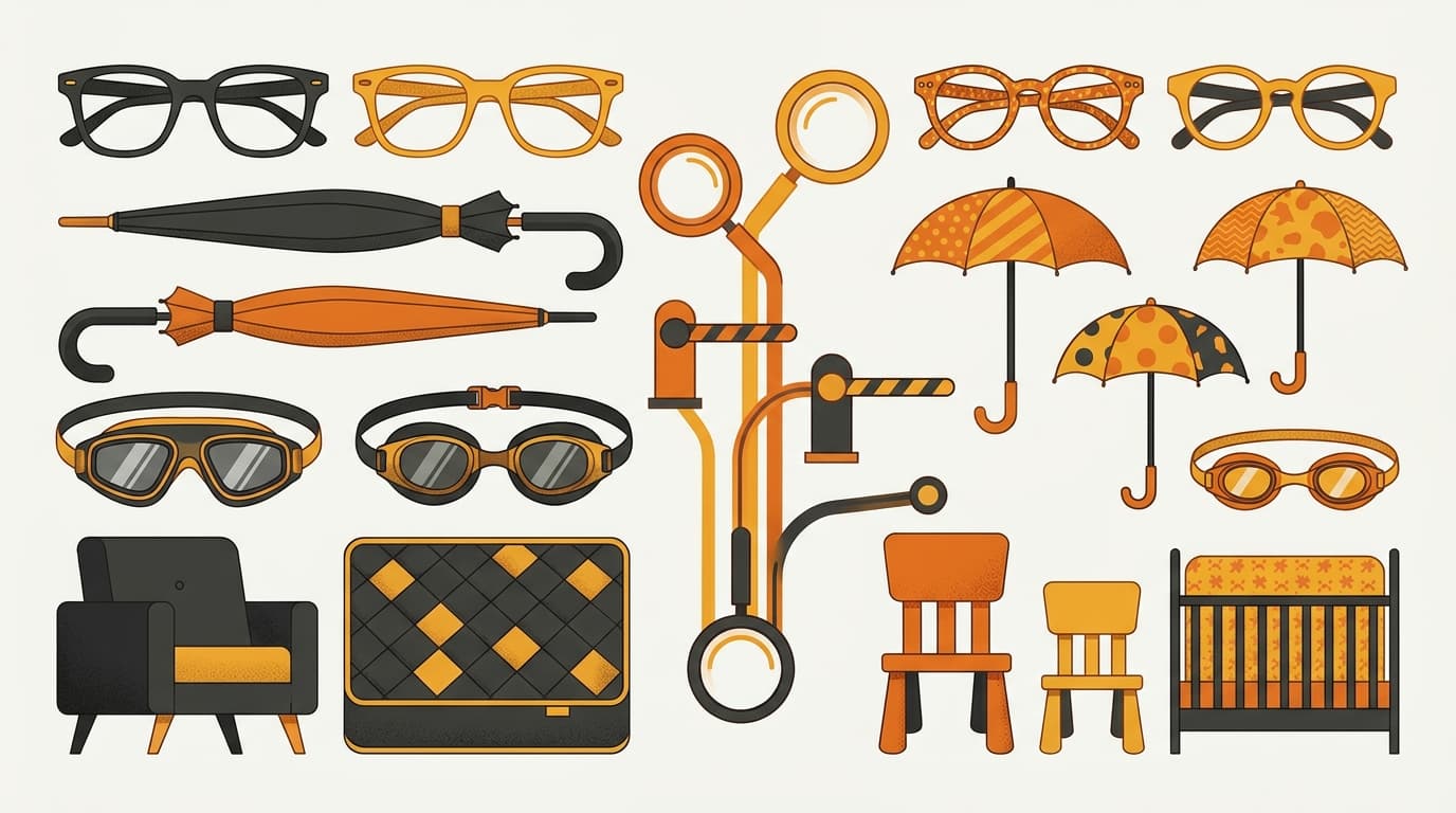 Eyeglass frames umbrellas swimming goggles and furniture showing the adult and child product split