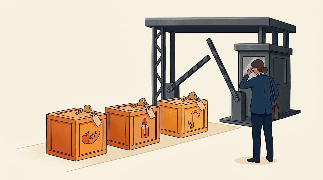 A single customs gate with separate product crates each carrying its own permit tag before one shared importer figure