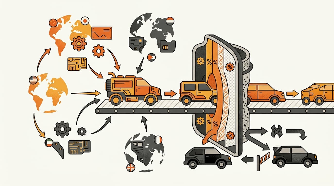 A product assembled from multi-country components passing through a rules-of-origin qualification gate
