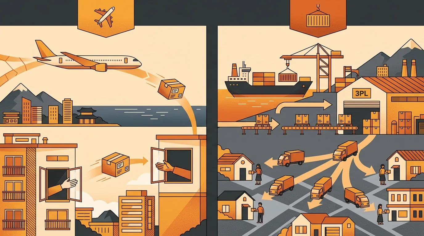 Side-by-side illustration of cross-border parcel shipping vs local Coupang fulfillment via Rocket Growth