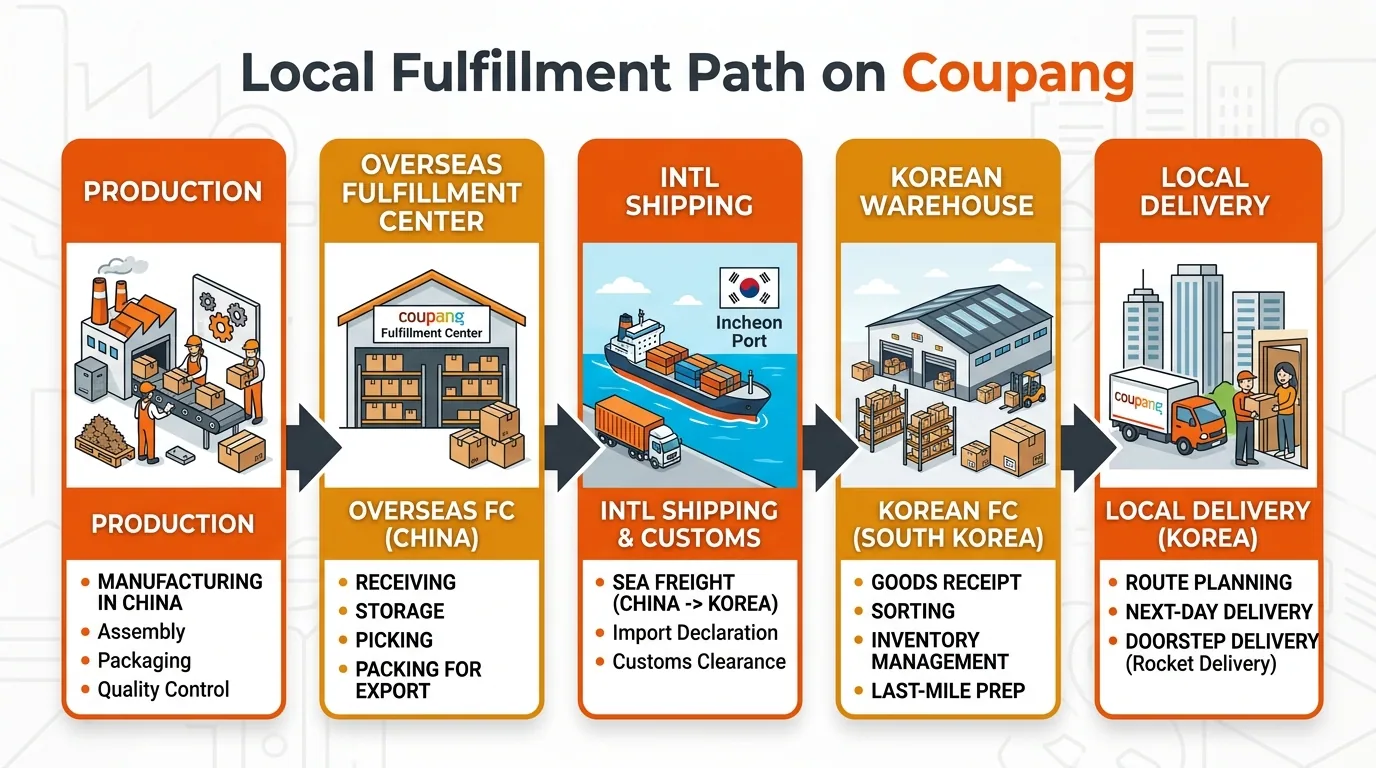 Process flow diagram of the local fulfillment path: DDP shipment, customs clearance, 3PL intake, Coupang sales, settlement and remittance