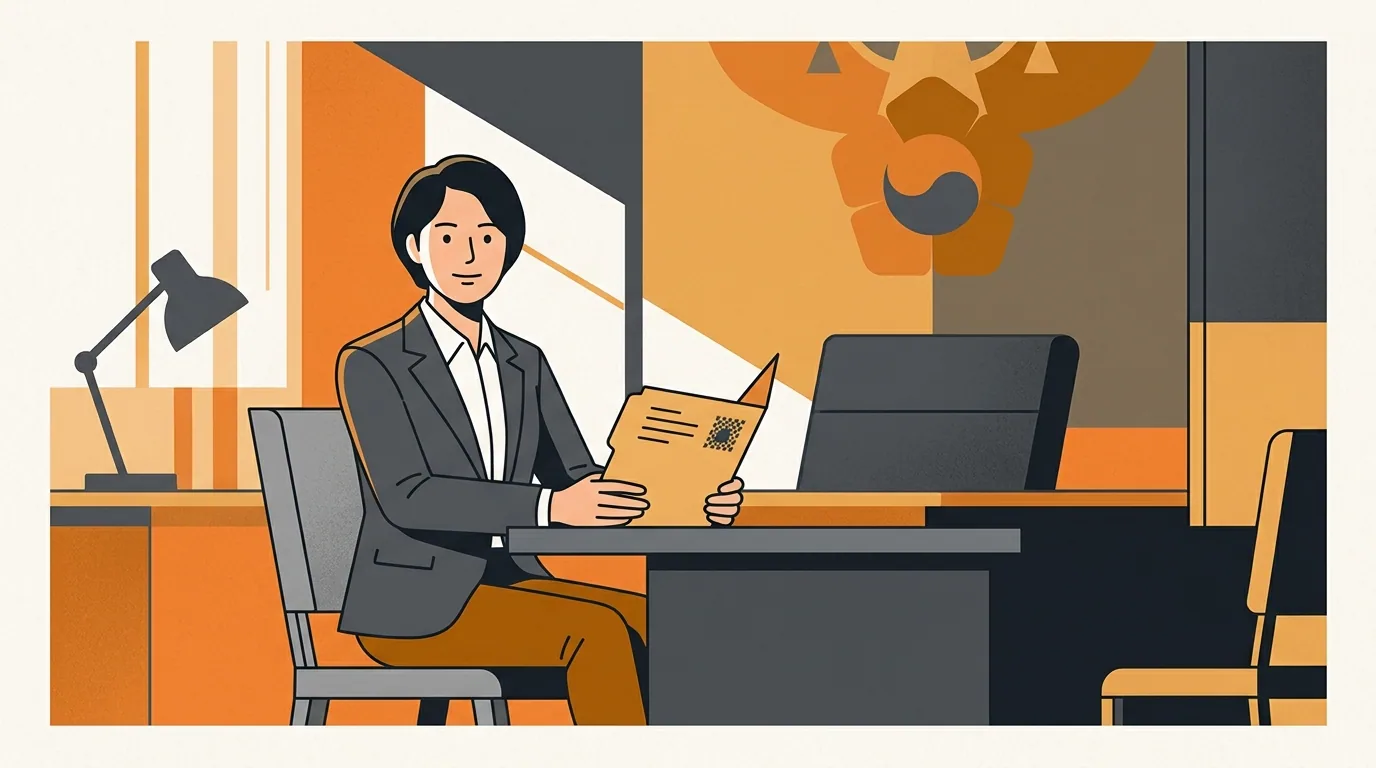 A local representative seated at a Korean police station desk holding a documentation folder